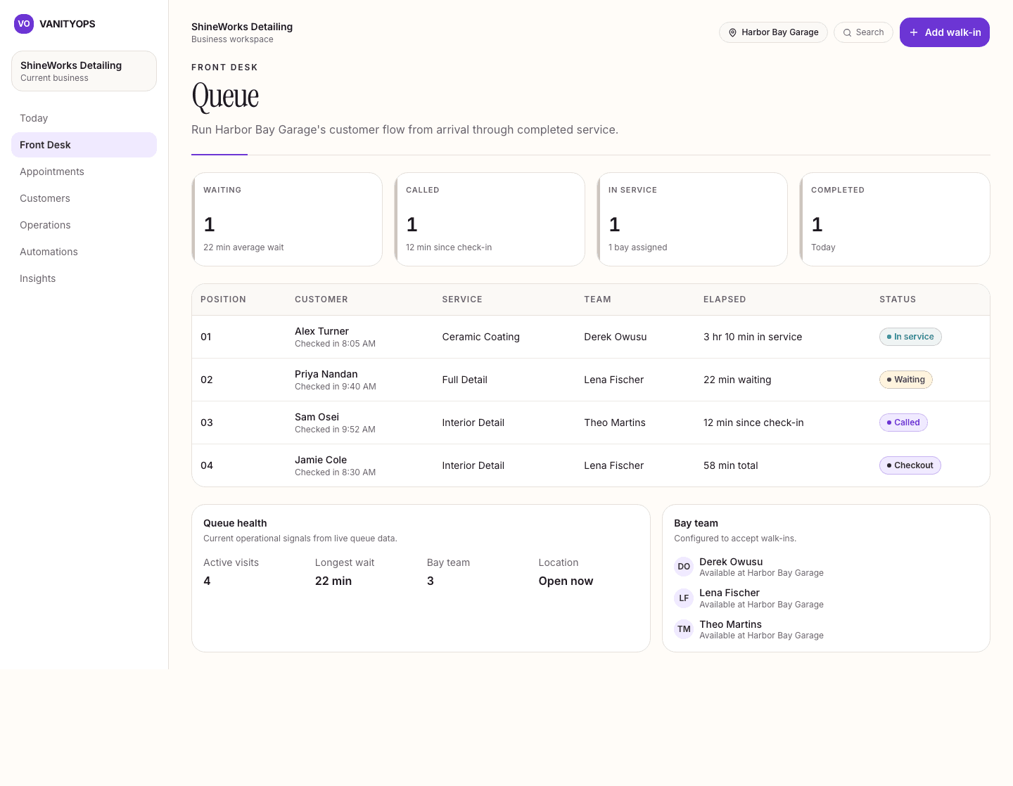 An illustrative preview of the VanityOps Front Desk interface for a fictional auto detailing business, showing Full Detail, Interior Detail, and Ceramic Coating in the live queue.