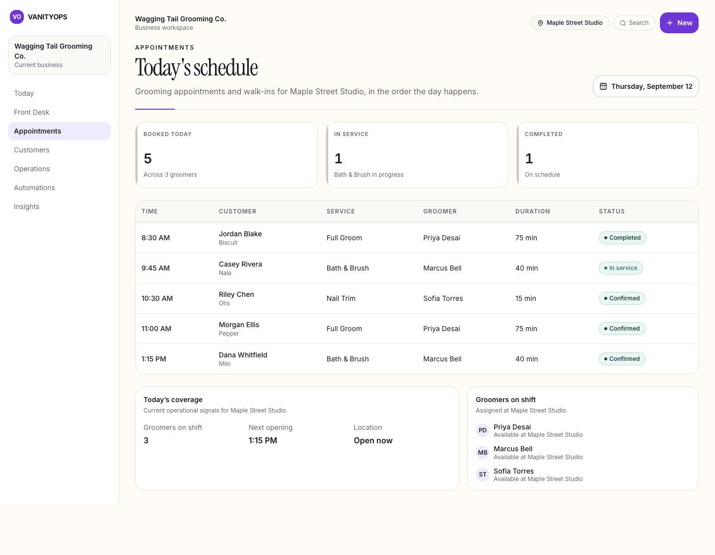 An illustrative preview of the VanityOps Appointments interface for a fictional pet grooming business, showing Full Groom, Bath & Brush, and Nail Trim appointments.