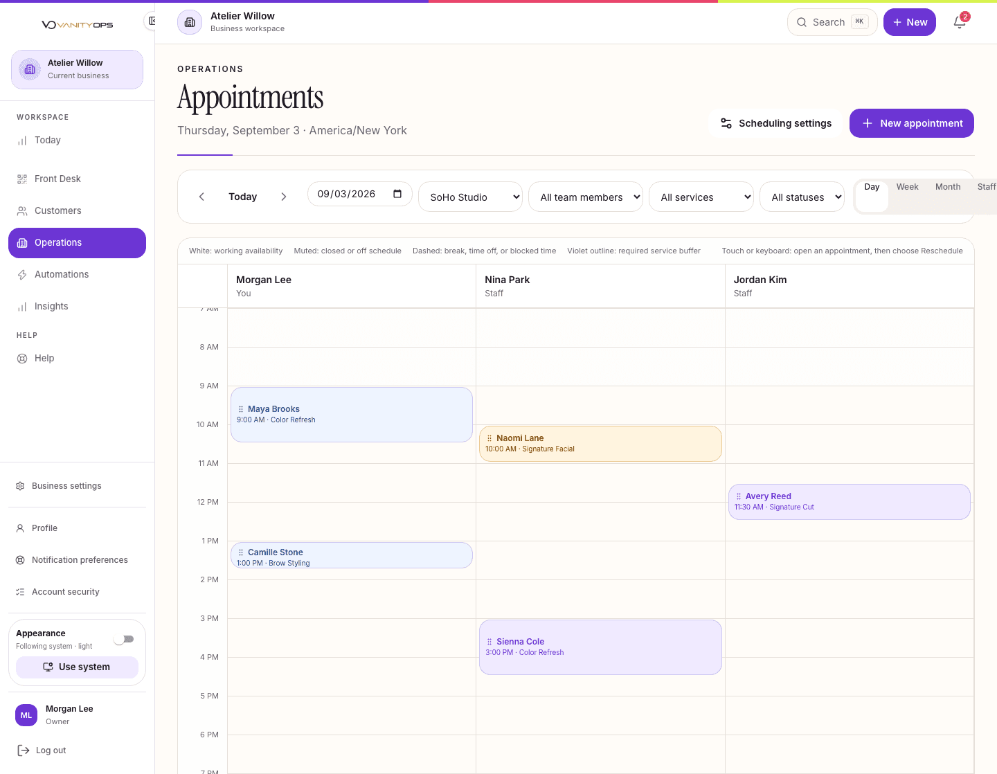 Current VanityOps appointment calendar with fictional staff schedules and bookings
