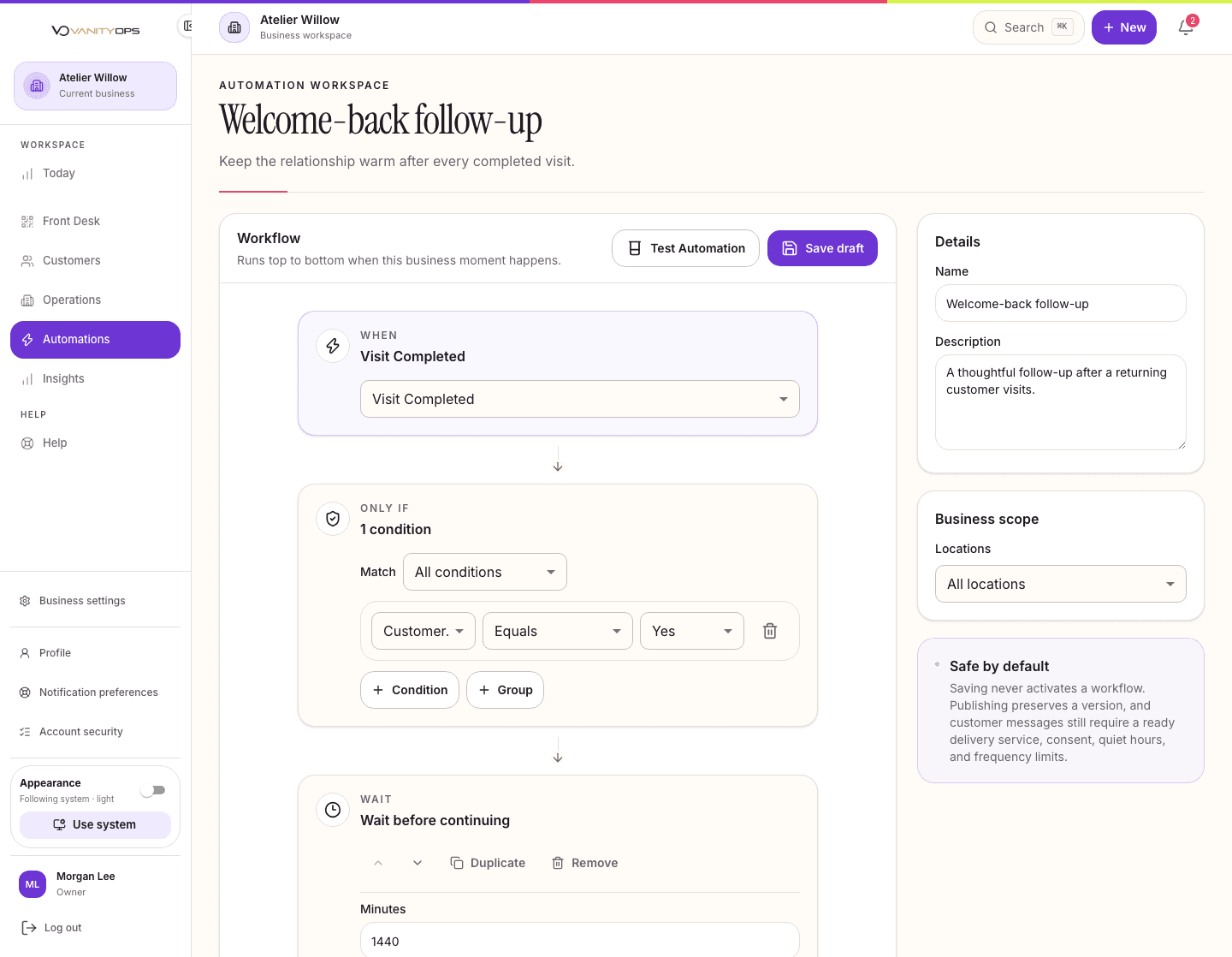 Current VanityOps automation builder showing a fictional welcome-back automation