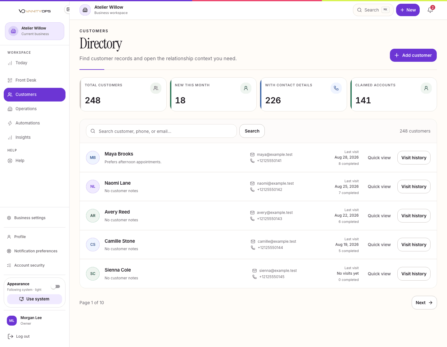 Current VanityOps customer directory with fictional profiles, visits, and preferences