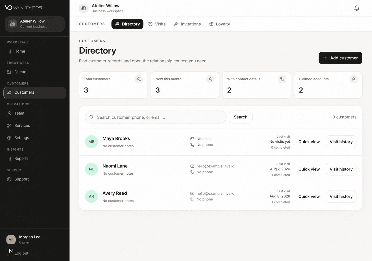 VanityOps Customers directory with fictional Atelier Willow customer records
